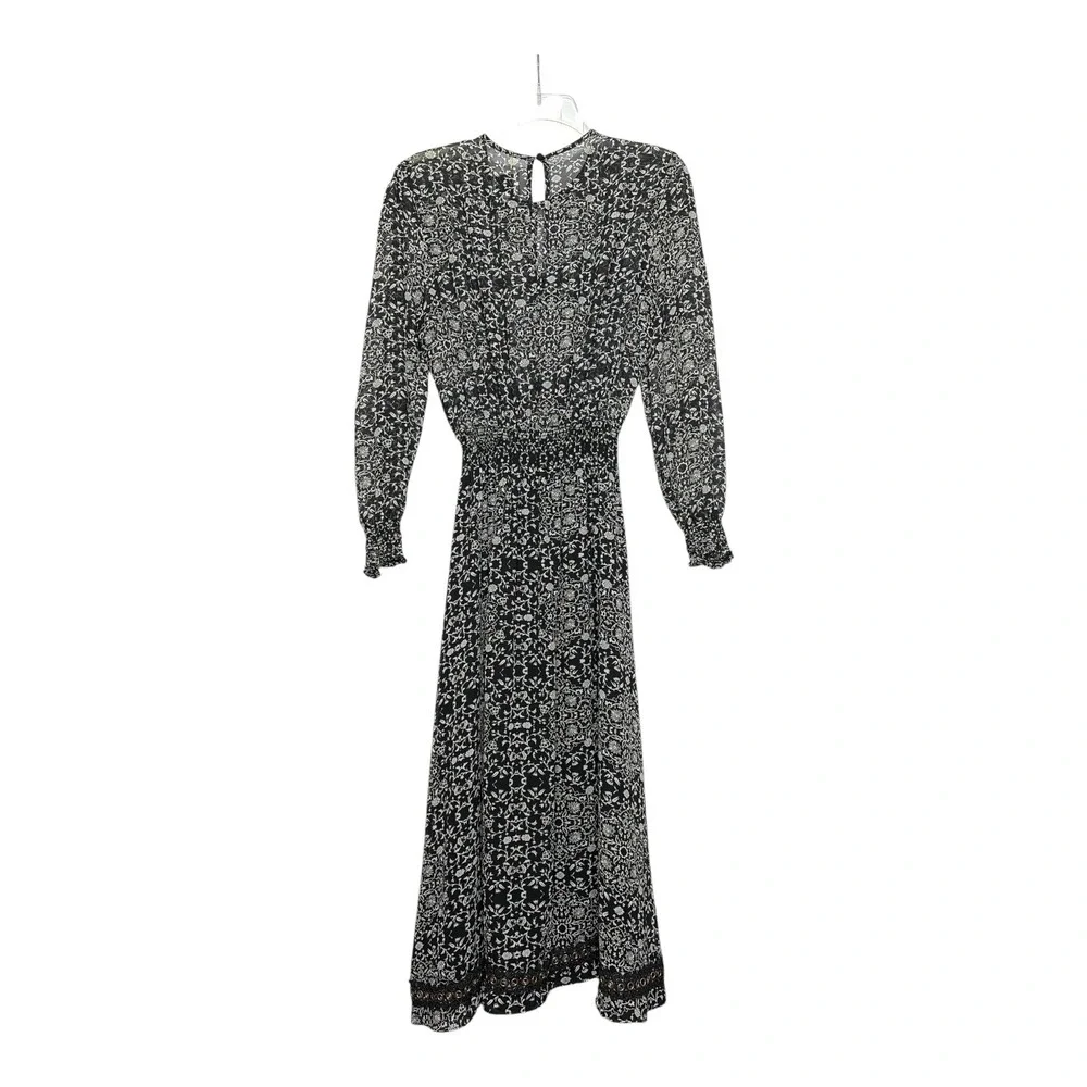 MISA Los Angeles Black White Floral Paisley Smocked Midi Dress XS Made in USA